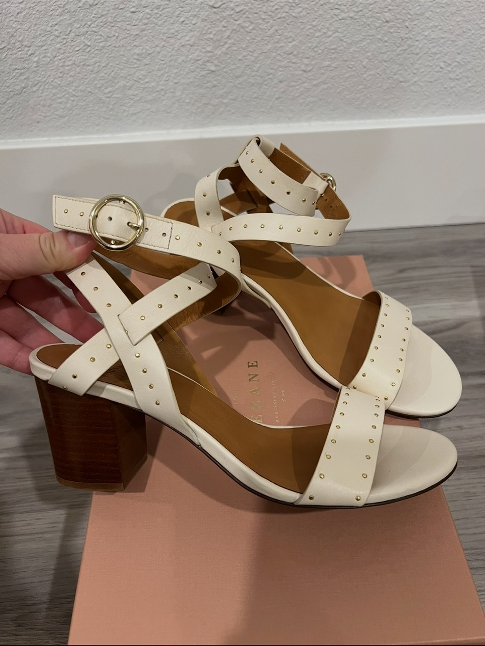 Sezane Lara Women’s Cream Studded Block Heel Sandals FR 38 US 7